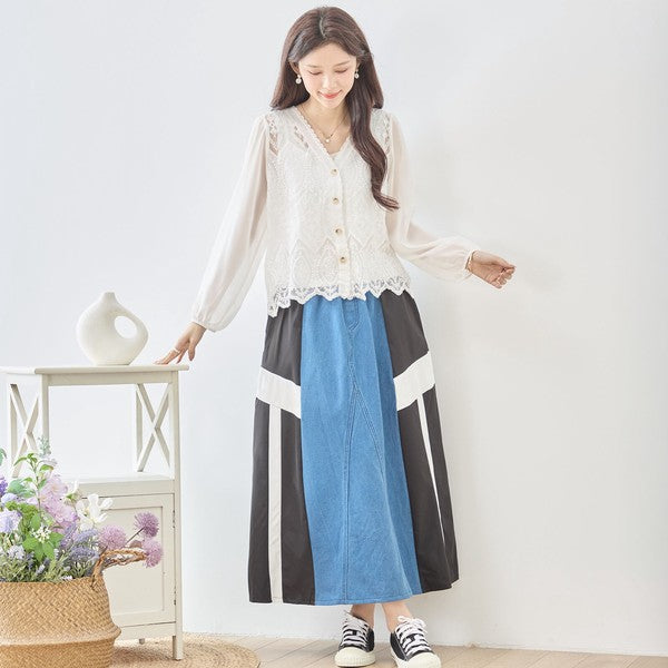 白 無地 レース切替 シフォン カーディガン ブラウス 長袖 Vネック 綿100