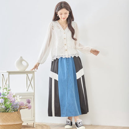 白 無地 レース切替 シフォン カーディガン ブラウス 長袖 Vネック 綿100