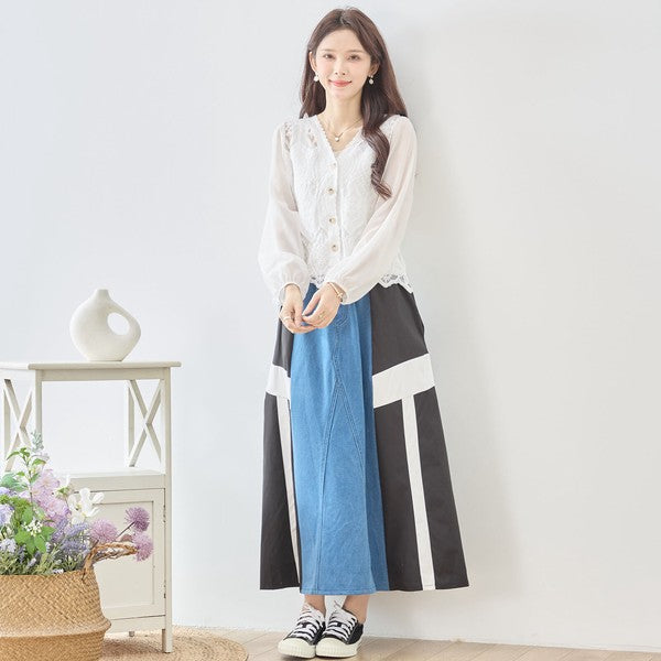 白 無地 レース切替 シフォン カーディガン ブラウス 長袖 Vネック 綿100