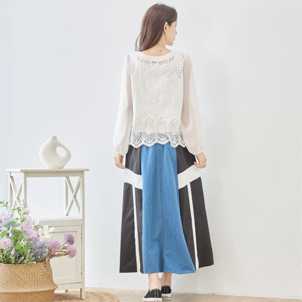 白 無地 レース切替 シフォン カーディガン ブラウス 長袖 Vネック 綿100