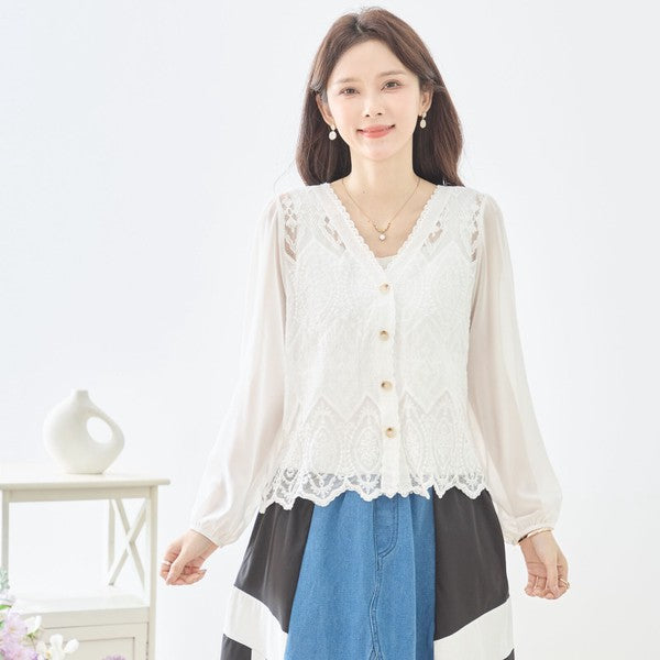 白 無地 レース切替 シフォン カーディガン ブラウス 長袖 Vネック 綿100
