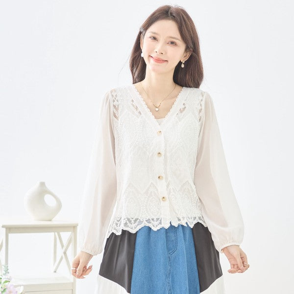 白 無地 レース切替 シフォン カーディガン ブラウス 長袖 Vネック 綿100