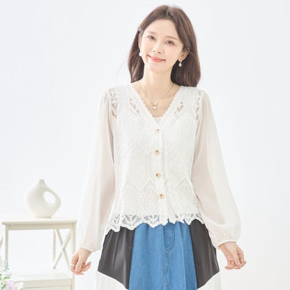 白 無地 レース切替 シフォン カーディガン ブラウス 長袖 Vネック 綿100