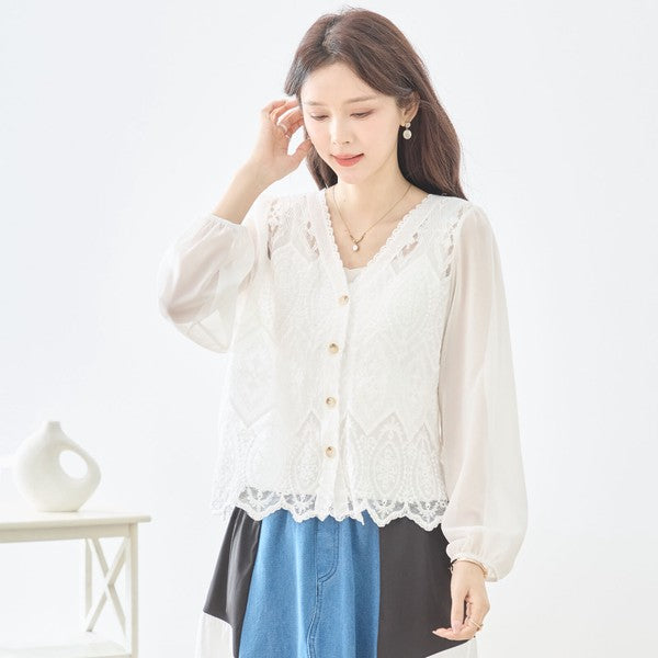 白 無地 レース切替 シフォン カーディガン ブラウス 長袖 Vネック 綿100