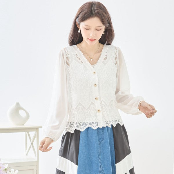 白 無地 レース切替 シフォン カーディガン ブラウス 長袖 Vネック 綿100