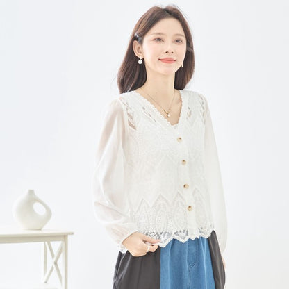 白 無地 レース切替 シフォン カーディガン ブラウス 長袖 Vネック 綿100