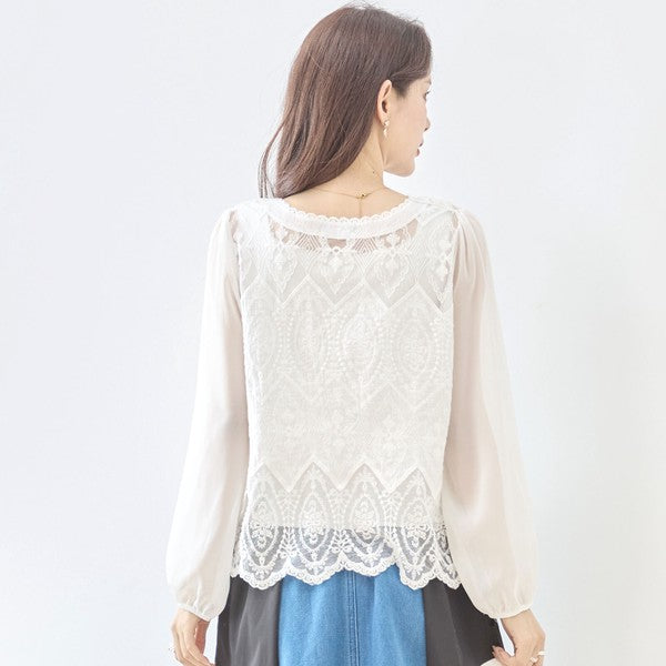 白 無地 レース切替 シフォン カーディガン ブラウス 長袖 Vネック 綿100