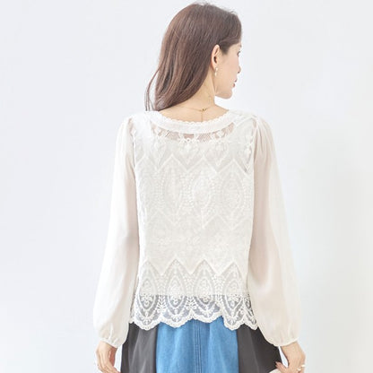 白 無地 レース切替 シフォン カーディガン ブラウス 長袖 Vネック 綿100