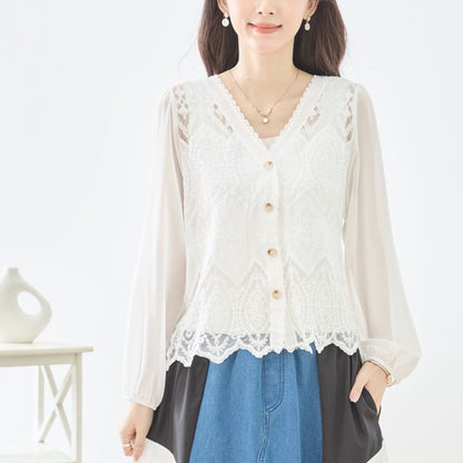 白 無地 レース切替 シフォン カーディガン ブラウス 長袖 Vネック 綿100