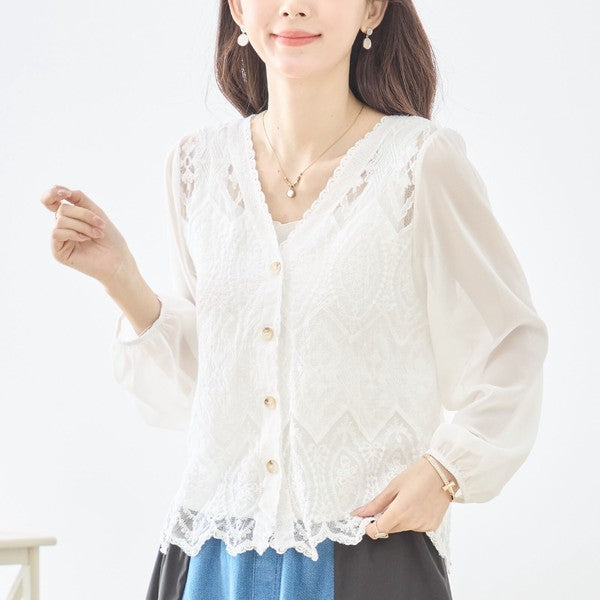 白 無地 レース切替 シフォン カーディガン ブラウス 長袖 Vネック 綿100