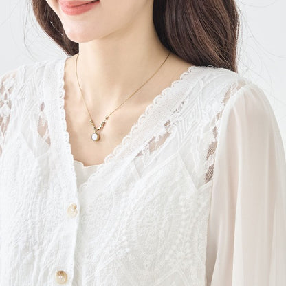 白 無地 レース切替 シフォン カーディガン ブラウス 長袖 Vネック 綿100