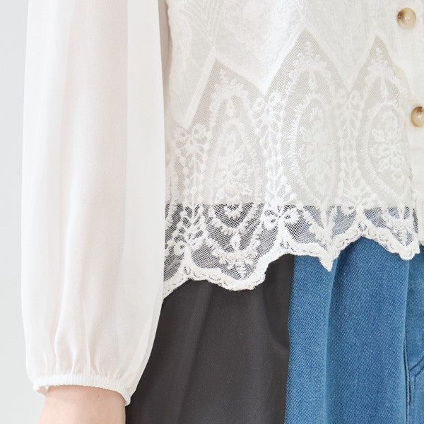 白 無地 レース切替 シフォン カーディガン ブラウス 長袖 Vネック 綿100