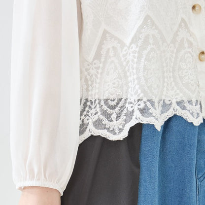 白 無地 レース切替 シフォン カーディガン ブラウス 長袖 Vネック 綿100