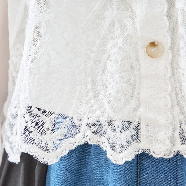 白 無地 レース切替 シフォン カーディガン ブラウス 長袖 Vネック 綿100