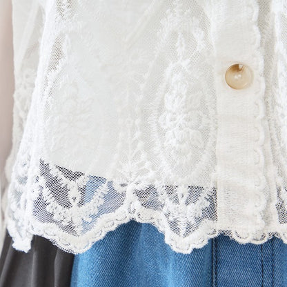 白 無地 レース切替 シフォン カーディガン ブラウス 長袖 Vネック 綿100