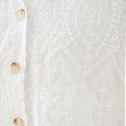 白 無地 レース切替 シフォン カーディガン ブラウス 長袖 Vネック 綿100