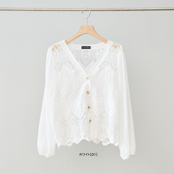白 無地 レース切替 シフォン カーディガン ブラウス 長袖 Vネック 綿100