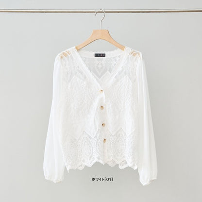 白 無地 レース切替 シフォン カーディガン ブラウス 長袖 Vネック 綿100