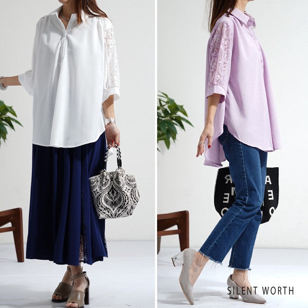 レース袖 シャツ チュニック M ギャザー Aライン ゆったり 体型カバー