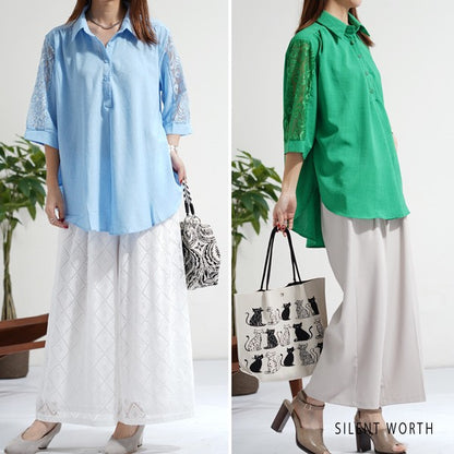 レース袖 シャツ チュニック M ギャザー Aライン ゆったり 体型カバー