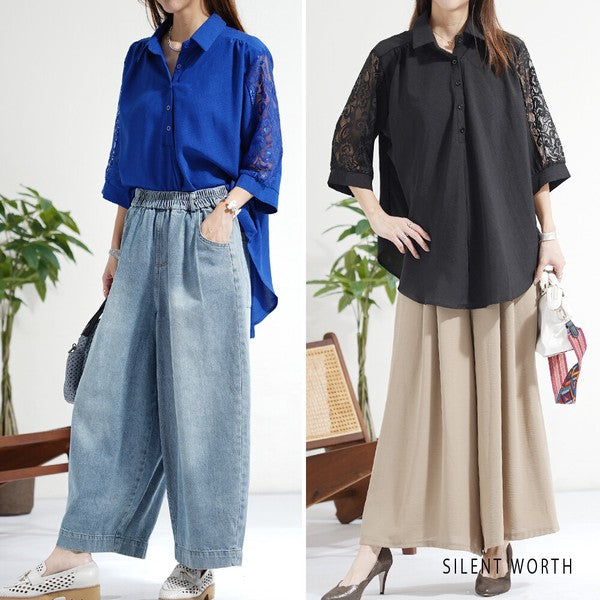 レース袖 シャツ チュニック M ギャザー Aライン ゆったり 体型カバー