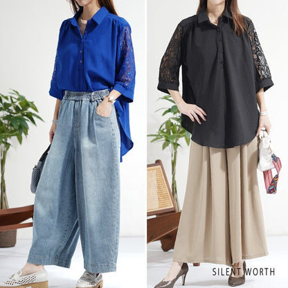 レース袖 シャツ チュニック M ギャザー Aライン ゆったり 体型カバー