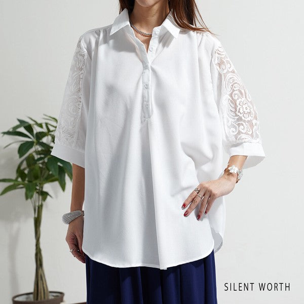 レース袖 シャツ チュニック M ギャザー Aライン ゆったり 体型カバー