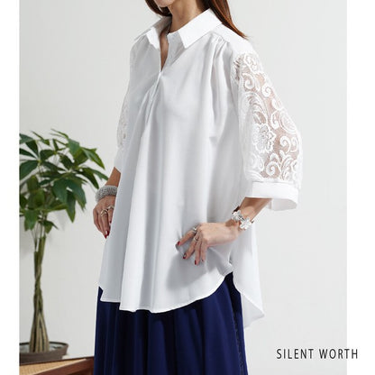 レース袖 シャツ チュニック M ギャザー Aライン ゆったり 体型カバー