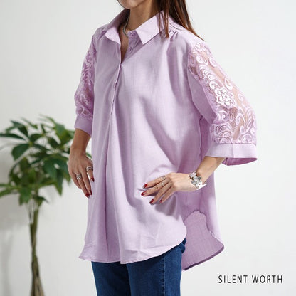 レース袖 シャツ チュニック M ギャザー Aライン ゆったり 体型カバー