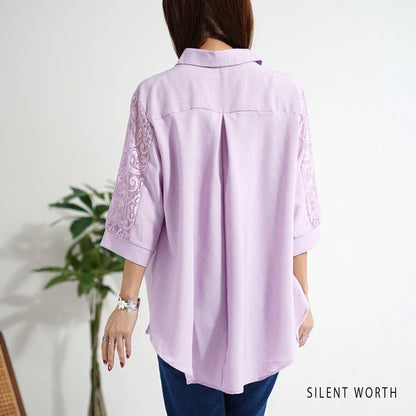 レース袖 シャツ チュニック M ギャザー Aライン ゆったり 体型カバー