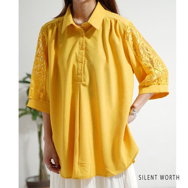 レース袖 シャツ チュニック M ギャザー Aライン ゆったり 体型カバー