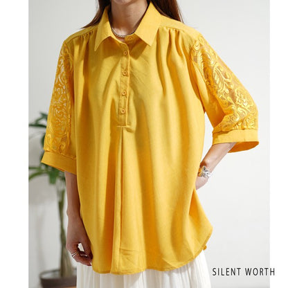 レース袖 シャツ チュニック M ギャザー Aライン ゆったり 体型カバー