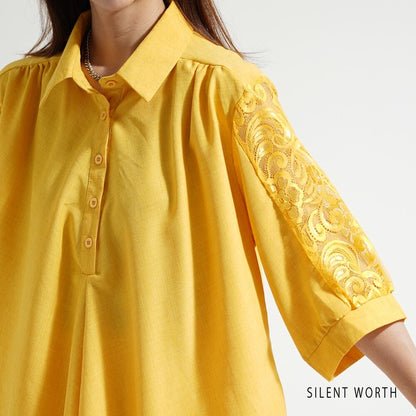 レース袖 シャツ チュニック M ギャザー Aライン ゆったり 体型カバー