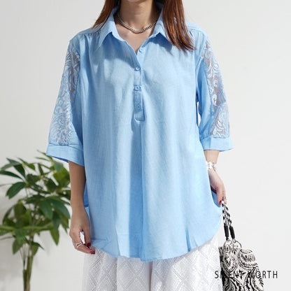 レース袖 シャツ チュニック M ギャザー Aライン ゆったり 体型カバー