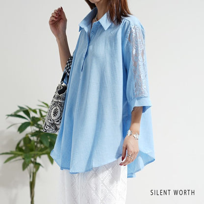 レース袖 シャツ チュニック M ギャザー Aライン ゆったり 体型カバー