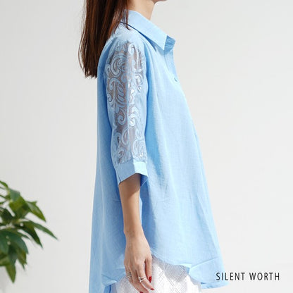 レース袖 シャツ チュニック M ギャザー Aライン ゆったり 体型カバー