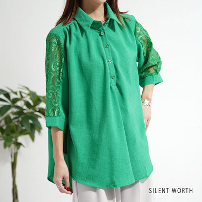 レース袖 シャツ チュニック M ギャザー Aライン ゆったり 体型カバー