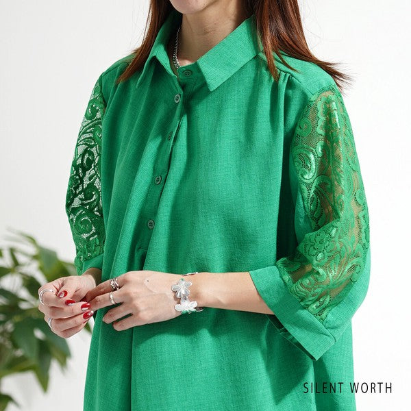 レース袖 シャツ チュニック M ギャザー Aライン ゆったり 体型カバー