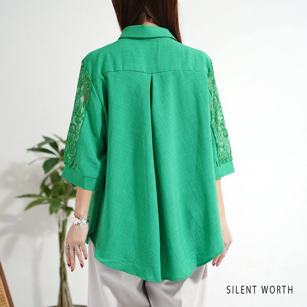 レース袖 シャツ チュニック M ギャザー Aライン ゆったり 体型カバー
