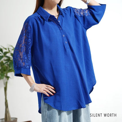 レース袖 シャツ チュニック M ギャザー Aライン ゆったり 体型カバー