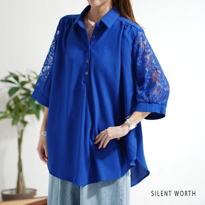 レース袖 シャツ チュニック M ギャザー Aライン ゆったり 体型カバー