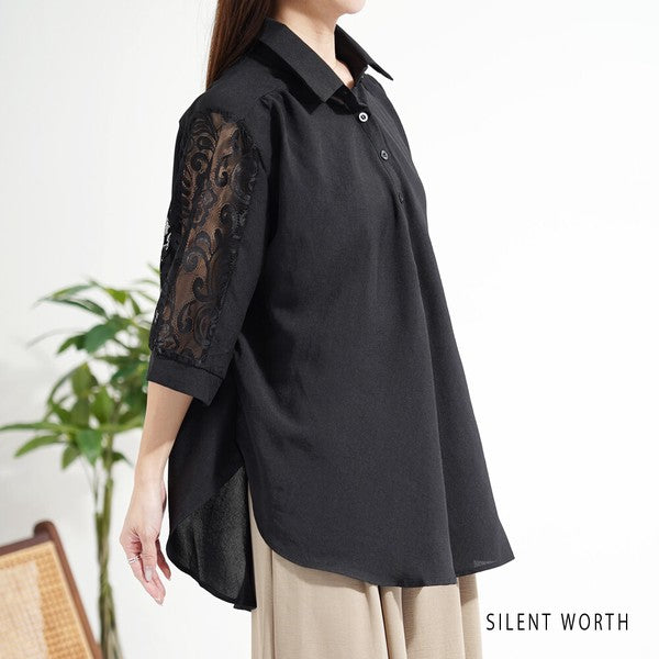 レース袖 シャツ チュニック M ギャザー Aライン ゆったり 体型カバー