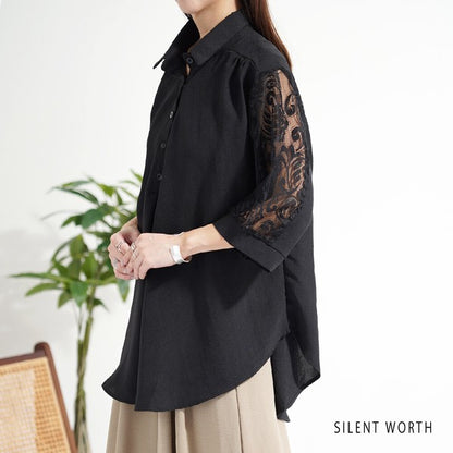 レース袖 シャツ チュニック M ギャザー Aライン ゆったり 体型カバー