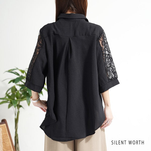レース袖 シャツ チュニック M ギャザー Aライン ゆったり 体型カバー