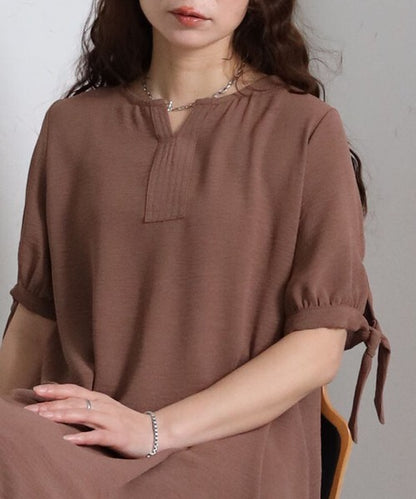 袖リボン キーネック ワンピース 半袖 ゆったり Aライン 体型カバー 膝下丈