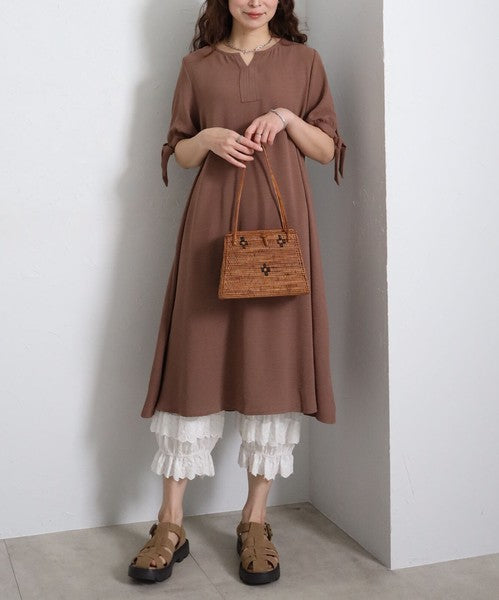 袖リボン キーネック ワンピース 半袖 ゆったり Aライン 体型カバー 膝下丈