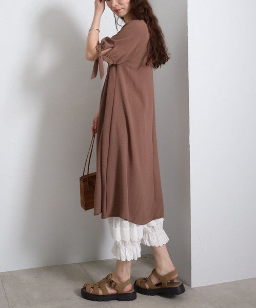 袖リボン キーネック ワンピース 半袖 ゆったり Aライン 体型カバー 膝下丈