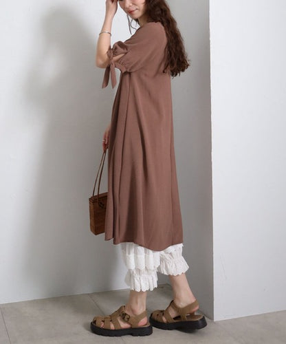 袖リボン キーネック ワンピース 半袖 ゆったり Aライン 体型カバー 膝下丈