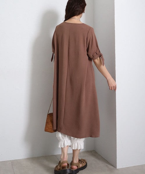 袖リボン キーネック ワンピース 半袖 ゆったり Aライン 体型カバー 膝下丈