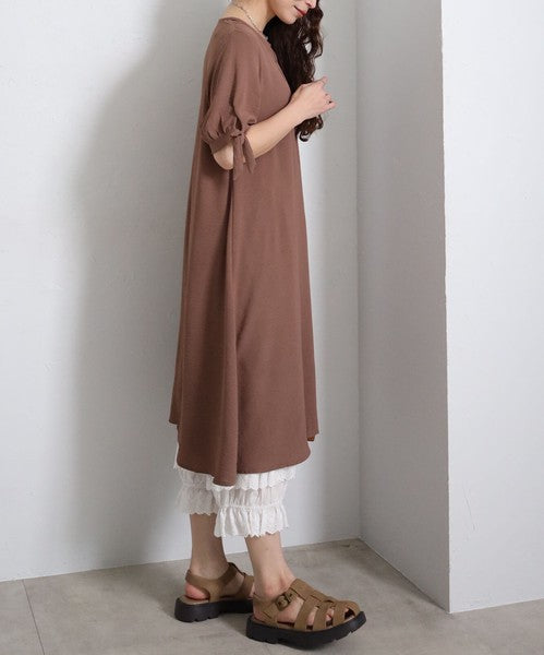 袖リボン キーネック ワンピース 半袖 ゆったり Aライン 体型カバー 膝下丈